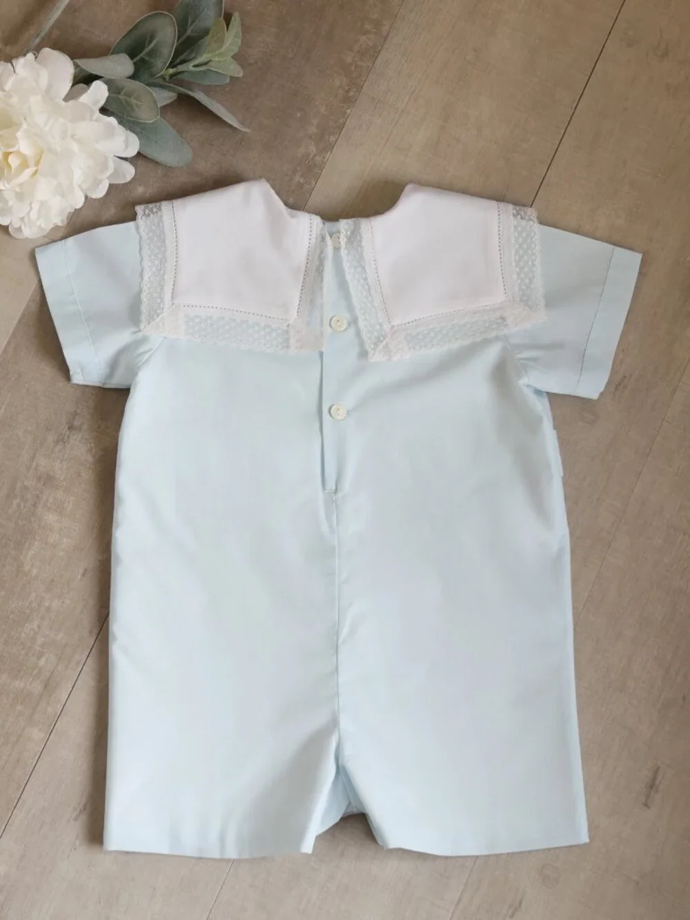 Blue Heirloom Romper Jon Jon Button Tab White Vintage Lace Collar Ring Bearer